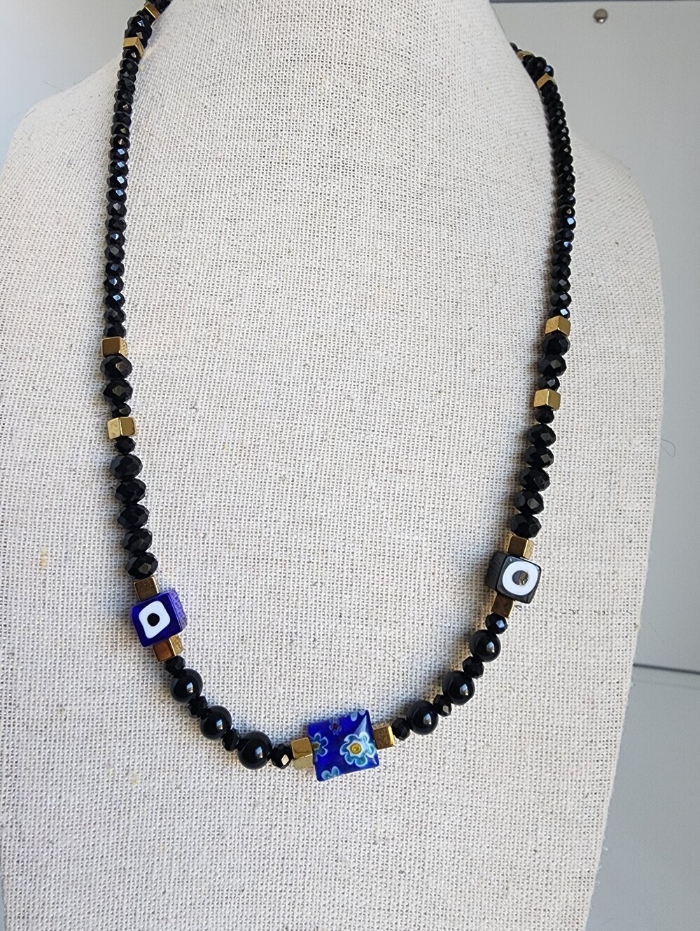 Blue Murano Millefiori & Black Agate Evil Eye Necklace Adjustable 18-22"
